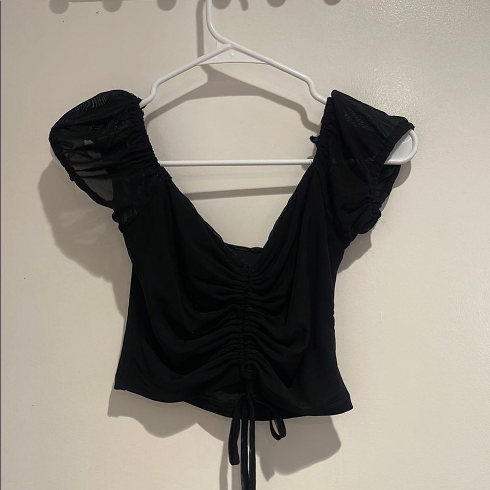 Black Crop Blouse with Ruched Tie Front